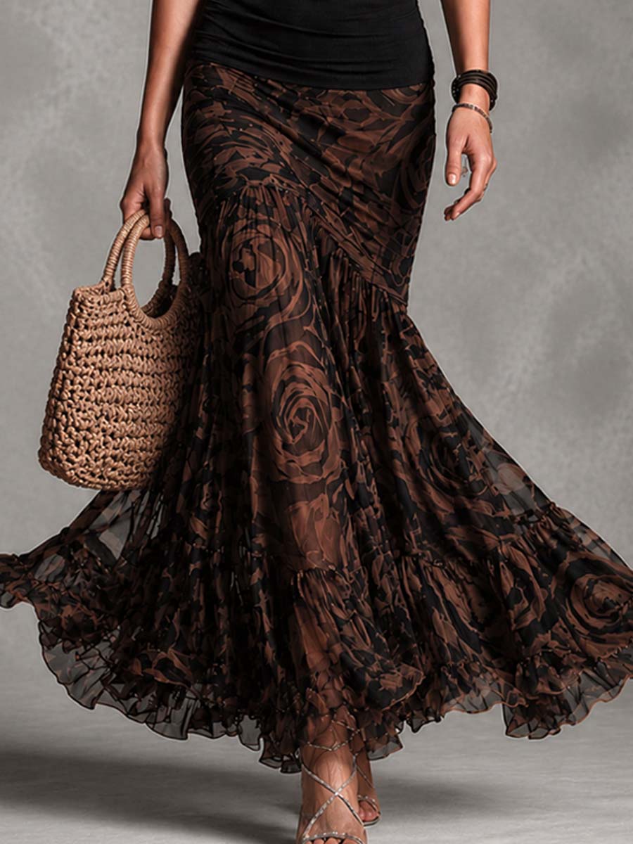 Solène | Ensemble Rétro Top Noir à Bretelles et Jupe en Tulle Imprimé Marron