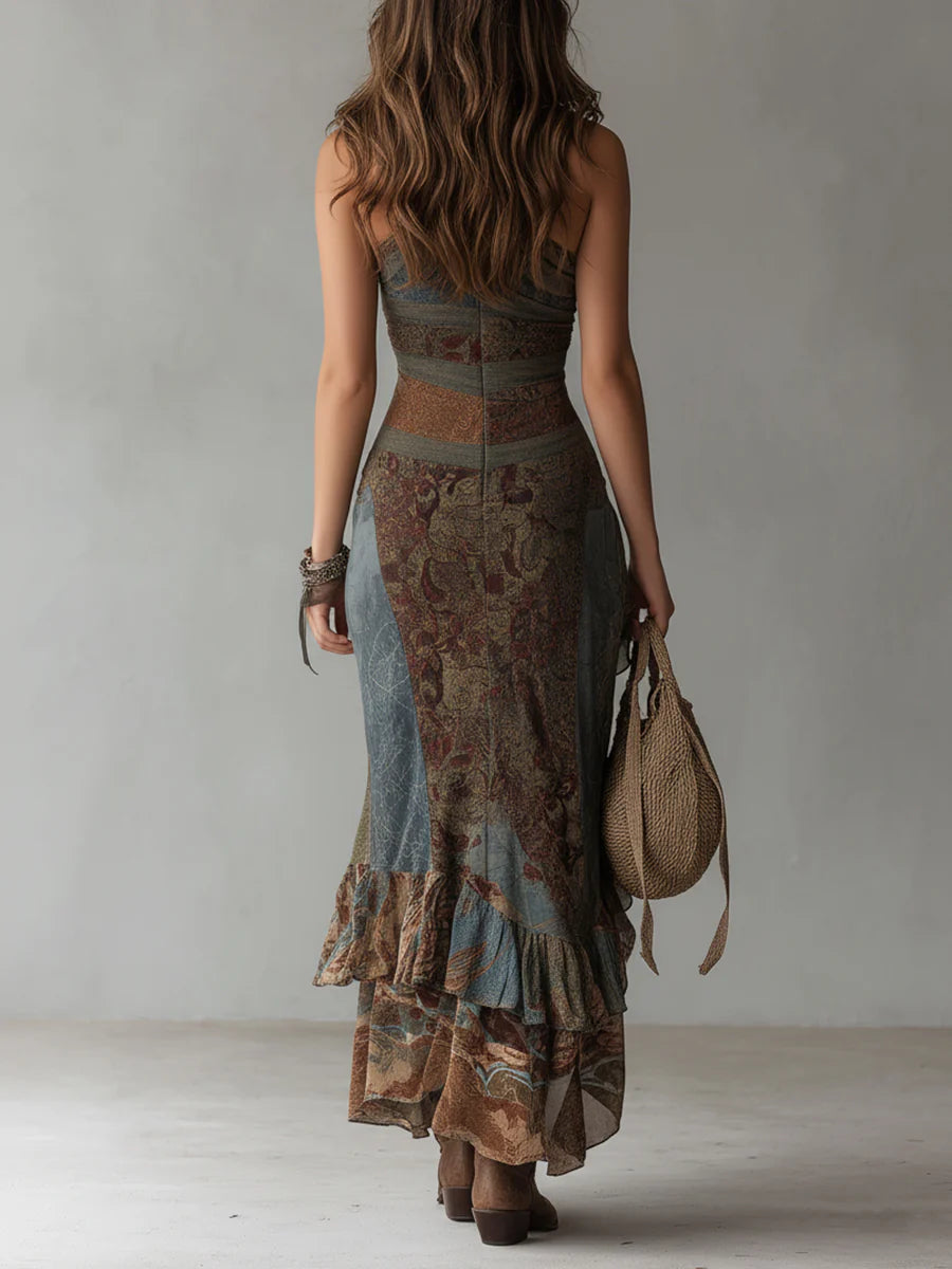 Éloïse | Robe Longue Asymétrique à Imprimé Ethnique et Fente Haute