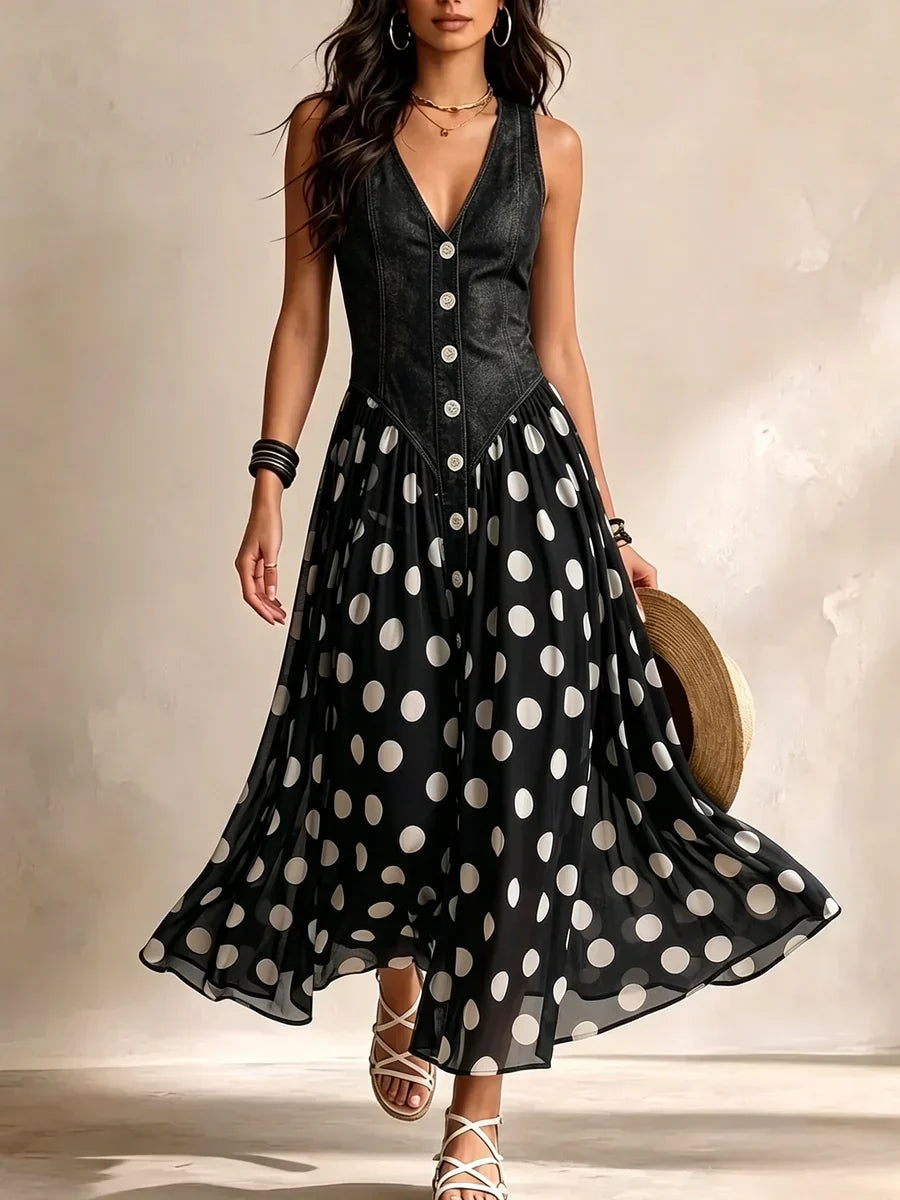 Adeline | Robe Longue en Jean à Pois