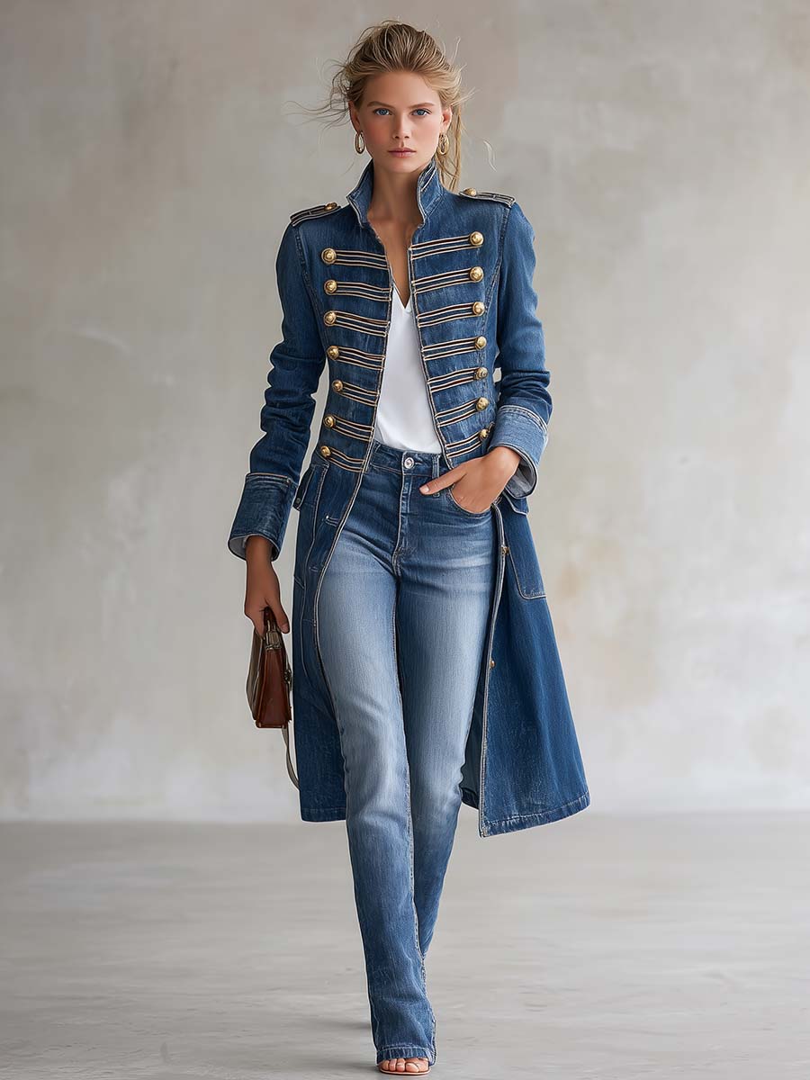 Manteau Long en Jean d'Inspiration Militaire à Boutons Dorés