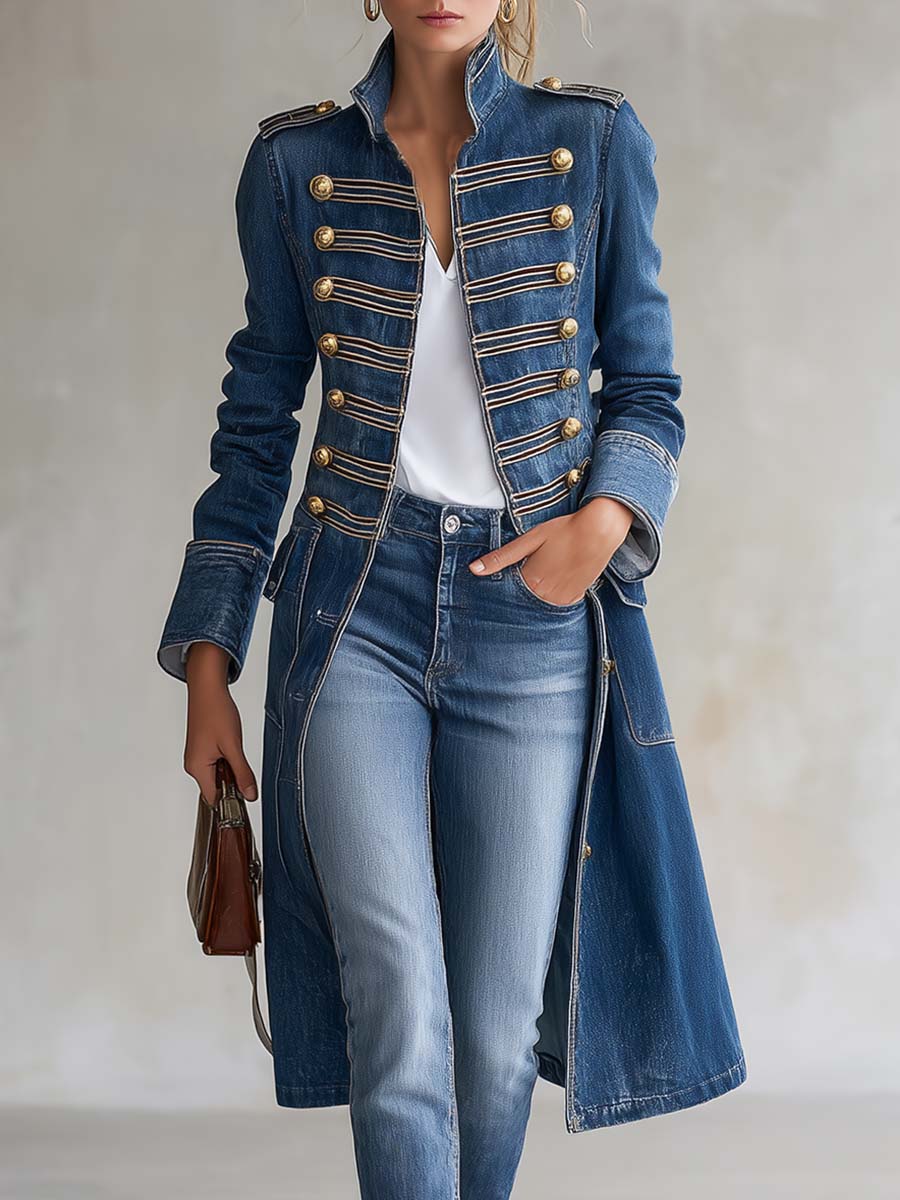 Manteau Long en Jean d'Inspiration Militaire à Boutons Dorés
