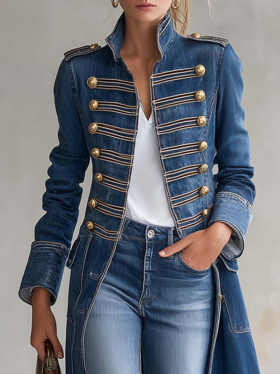 Manteau Long en Jean d'Inspiration Militaire à Boutons Dorés