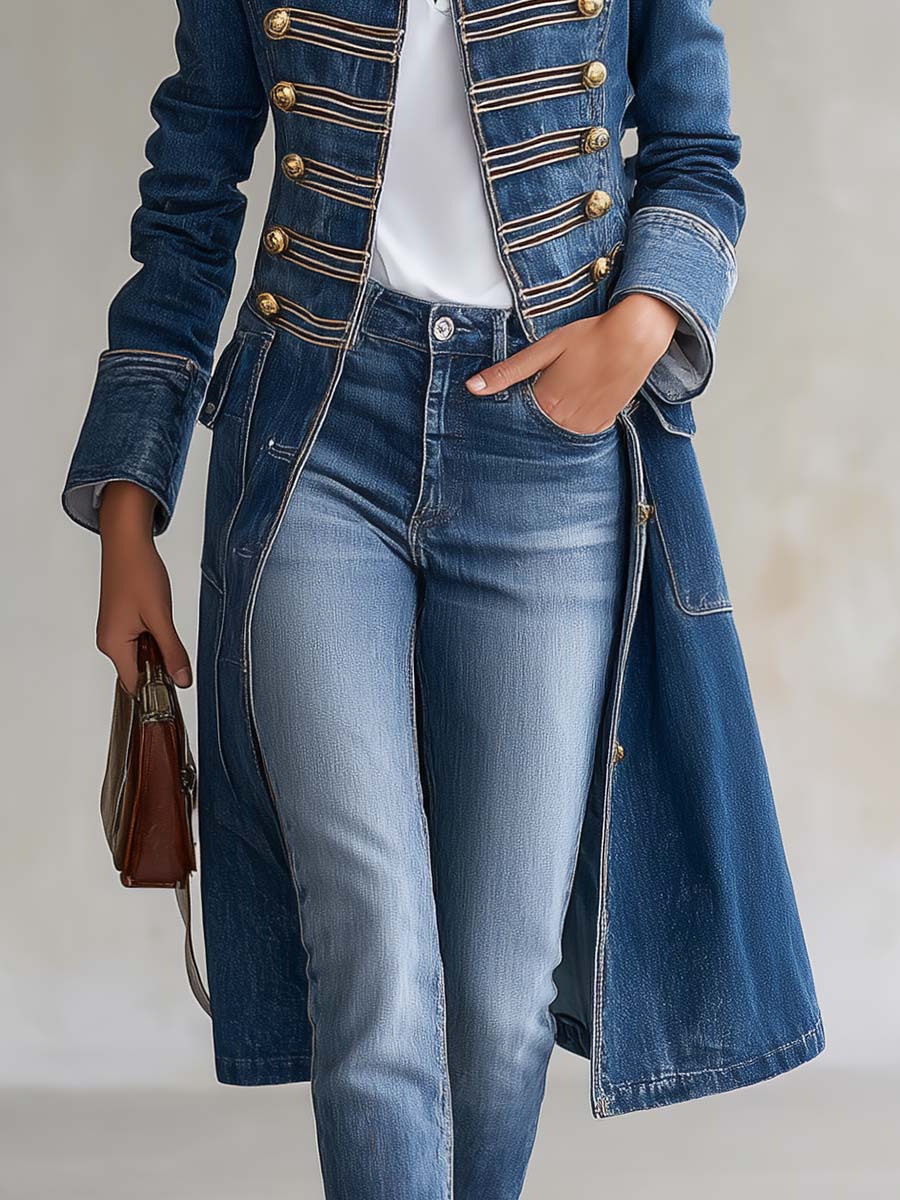 Manteau Long en Jean d'Inspiration Militaire à Boutons Dorés