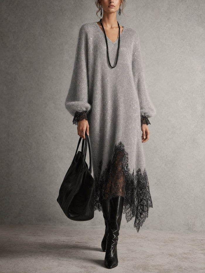 Colette | Robe Midi Grise en Maille à Ourlet en Dentelle
