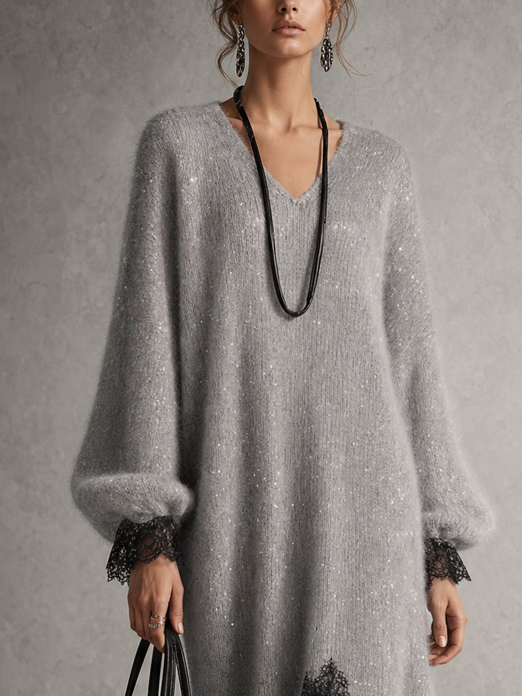 Colette | Robe Midi Grise en Maille à Ourlet en Dentelle