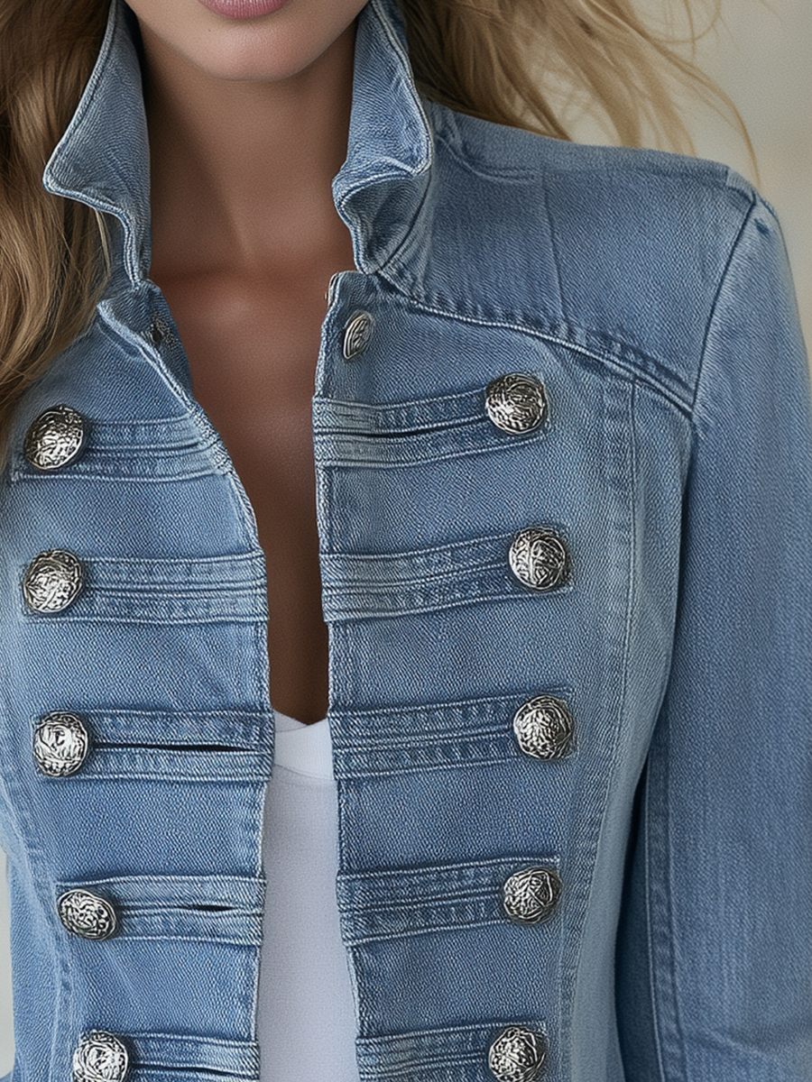Manteau en Jean Bleu d'Inspiration Militaire à Double Boutonnage