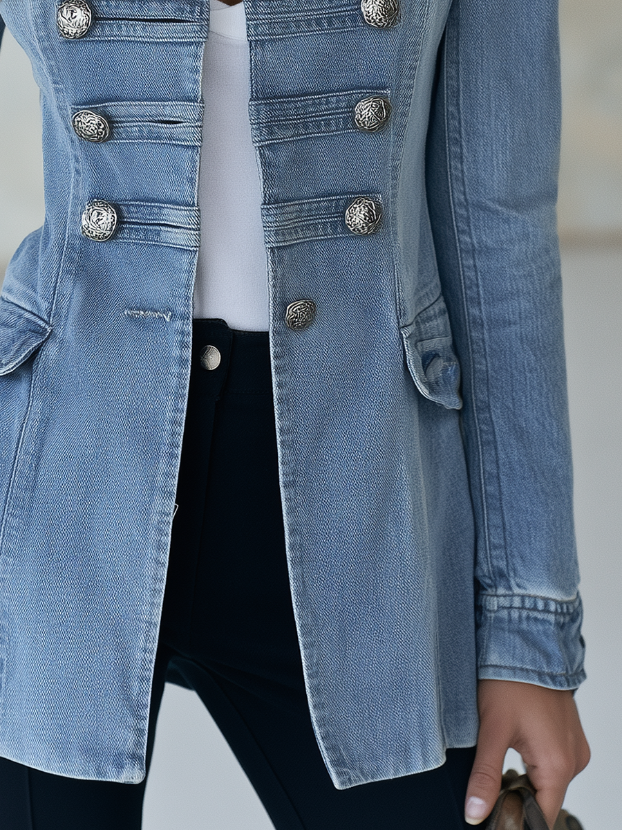 Manteau en Jean Bleu d'Inspiration Militaire à Double Boutonnage