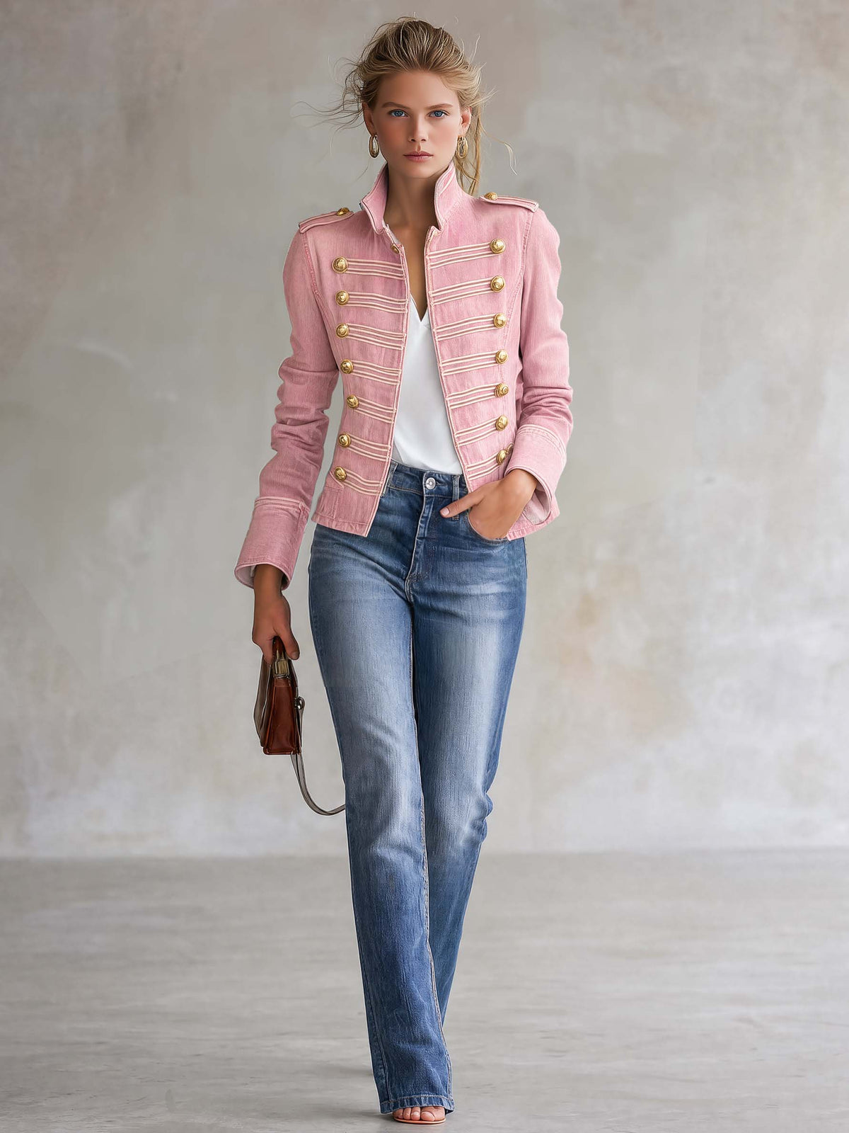 Marion | Veste en Jean d'Inspiration Militaire à Boutons Dorés