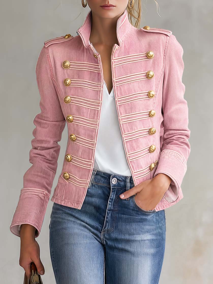 Marion | Veste en Jean d'Inspiration Militaire à Boutons Dorés