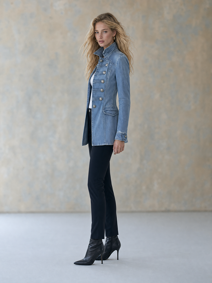 Manteau en Jean Bleu d'Inspiration Militaire à Double Boutonnage