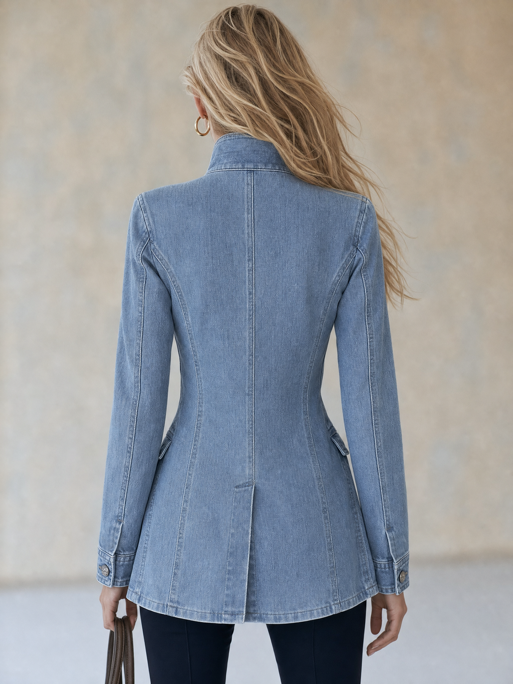 Manteau en Jean Bleu d'Inspiration Militaire à Double Boutonnage