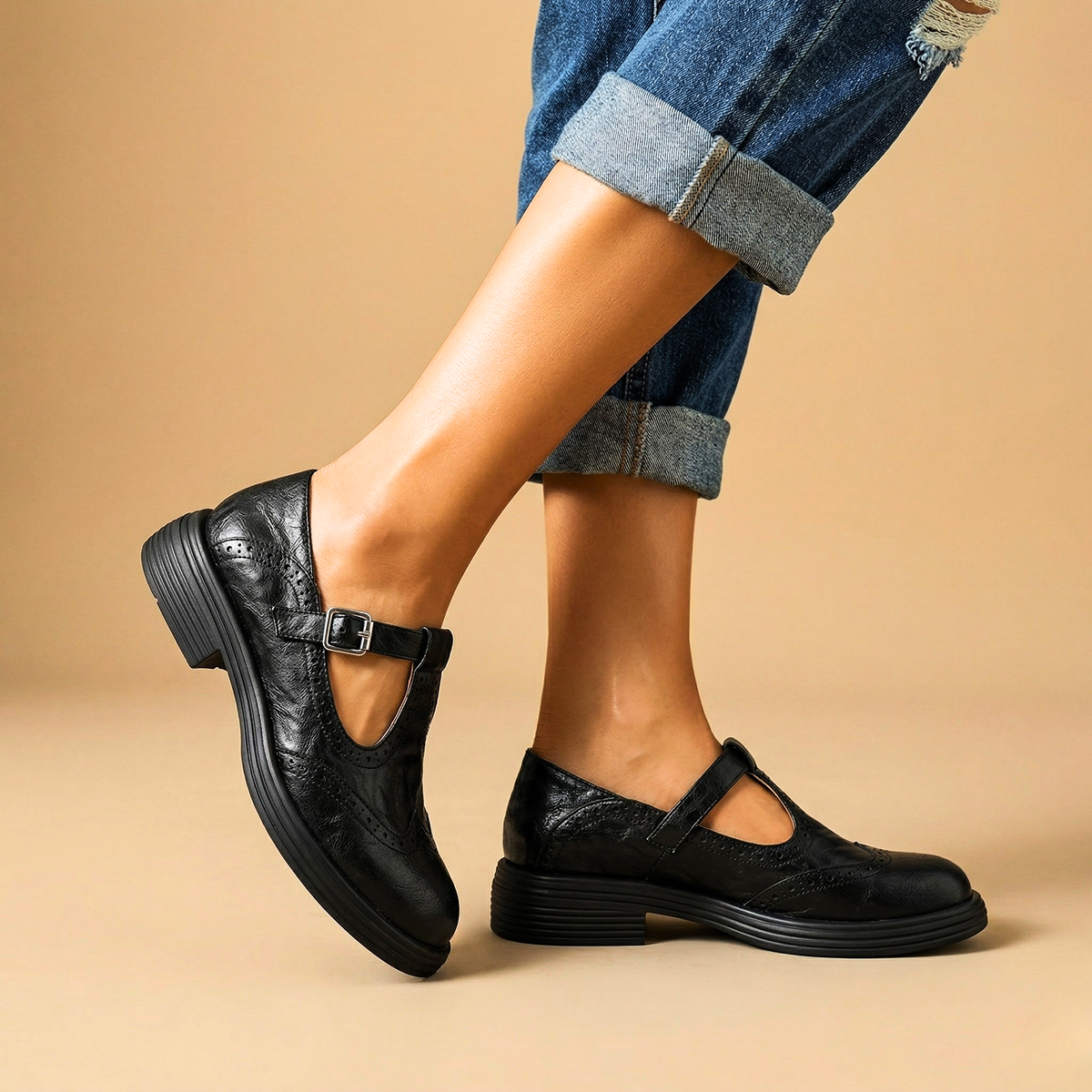 Romy - Mocassins en Cuir Véritable à Bride en T