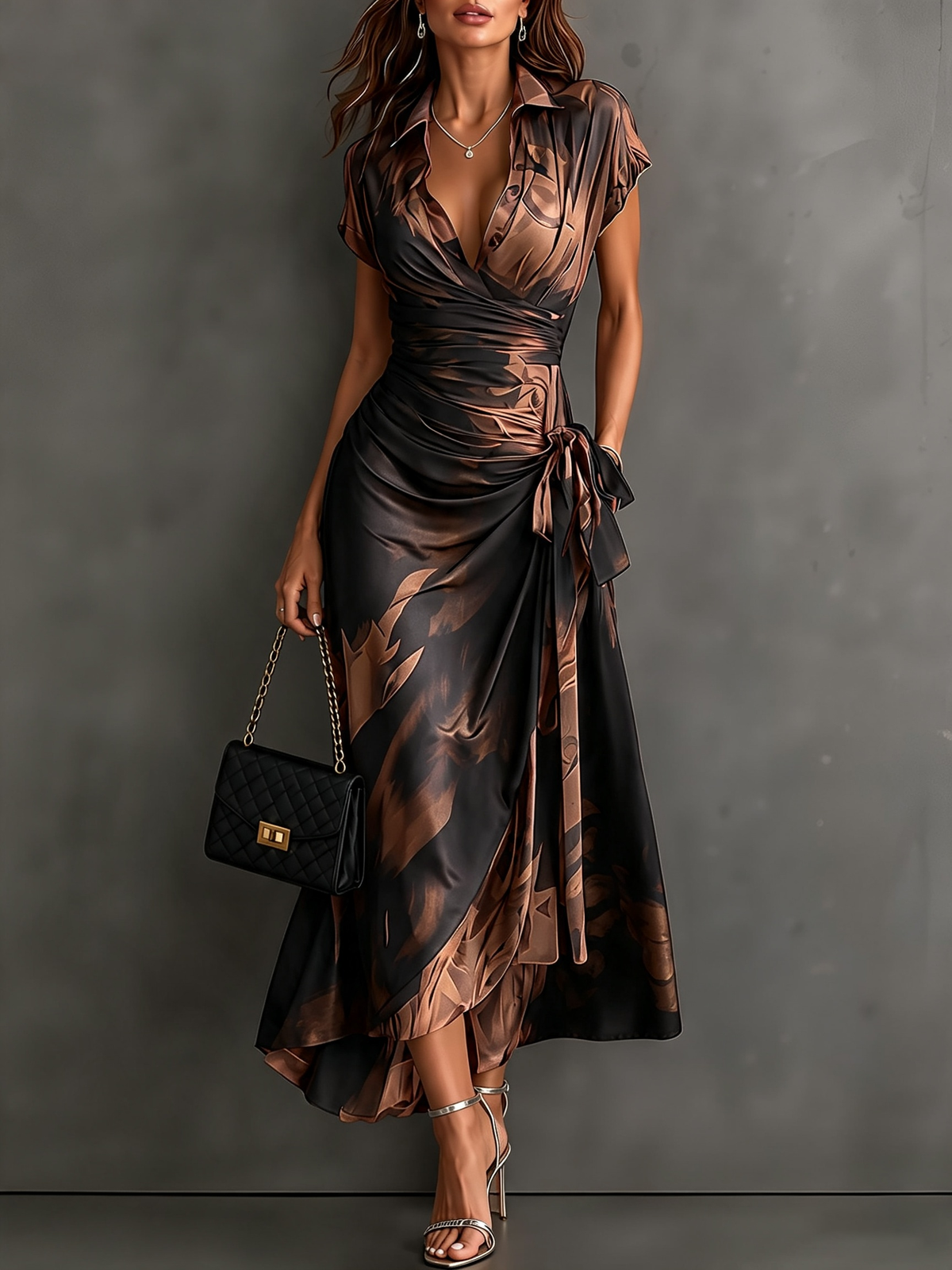 Sidonie | Robe Midi Portefeuille à Imprimé Abstrait Marron et Noir