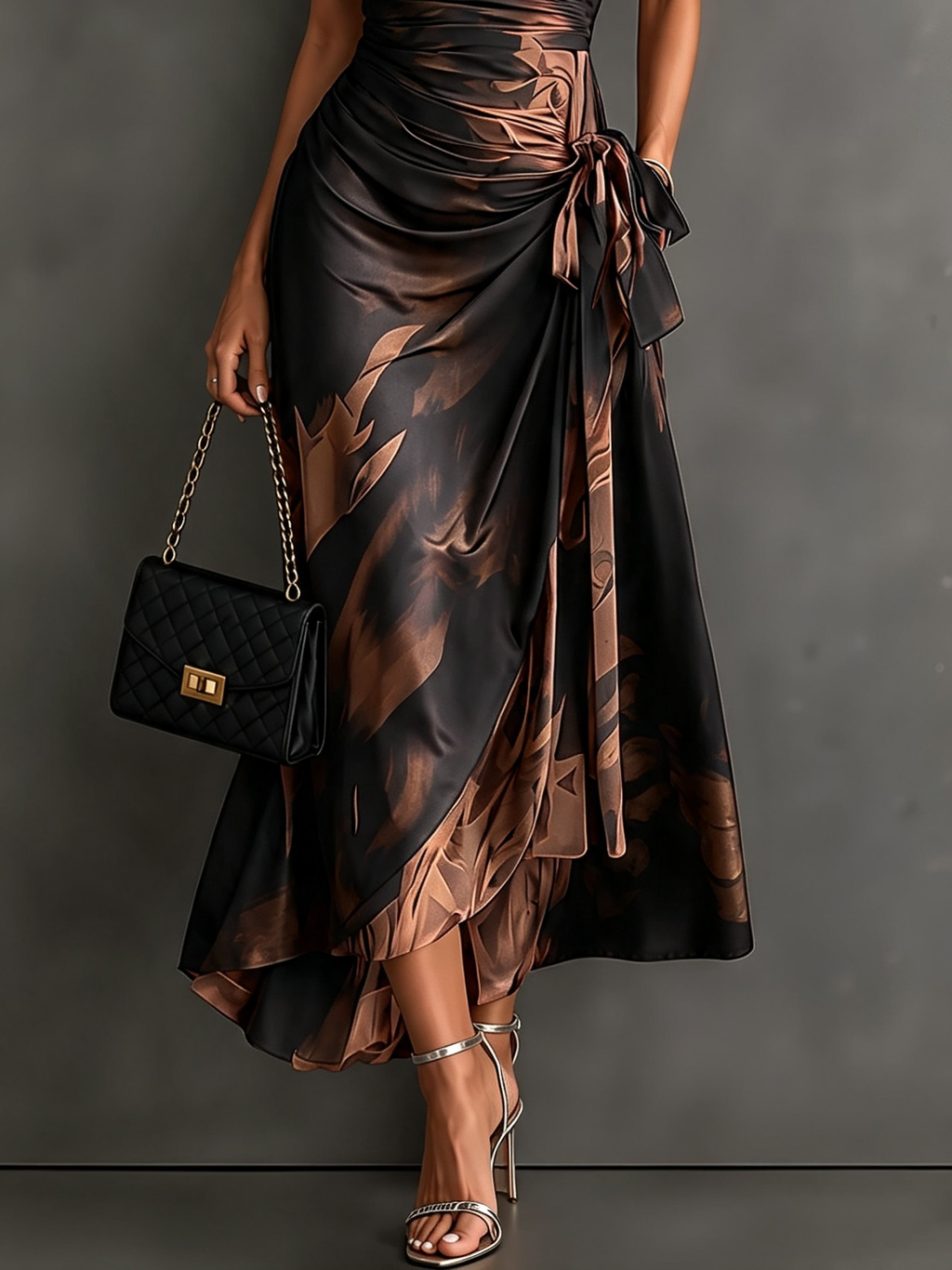 Sidonie | Robe Midi Portefeuille à Imprimé Abstrait Marron et Noir