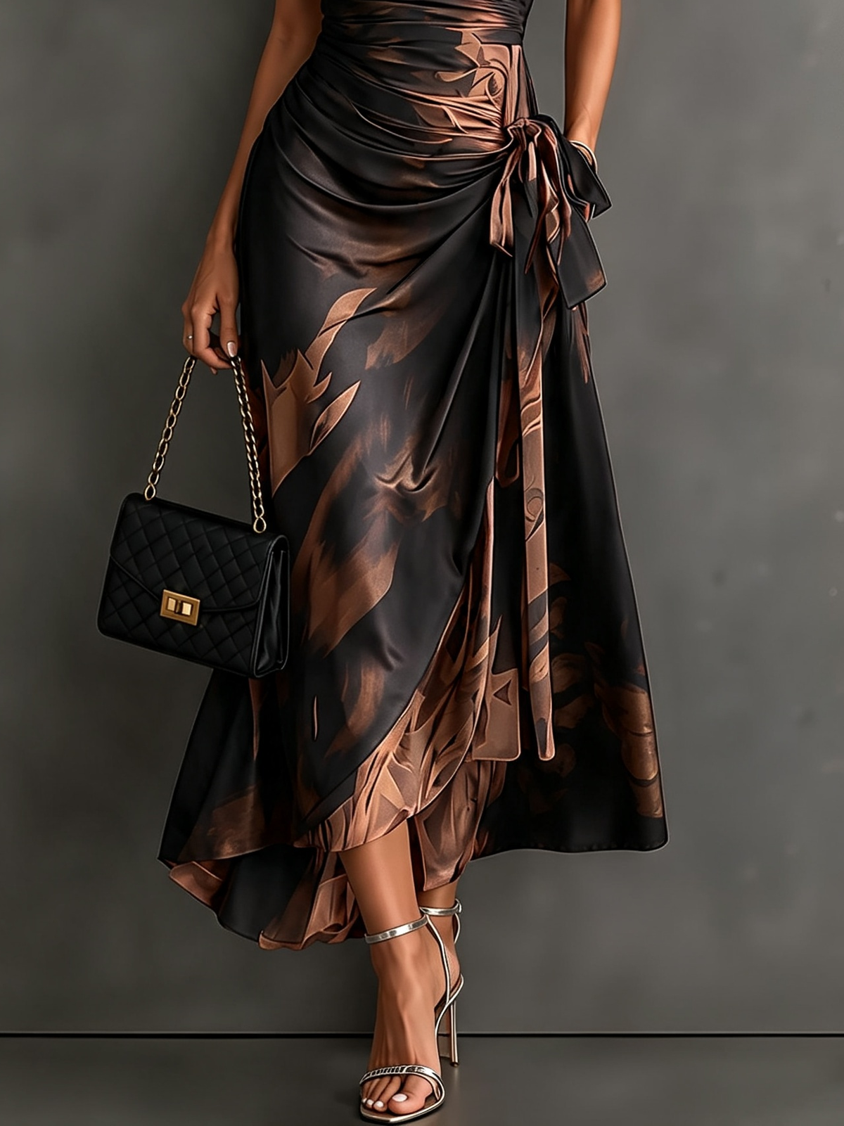 Sidonie | Robe Midi Portefeuille à Imprimé Abstrait Marron et Noir