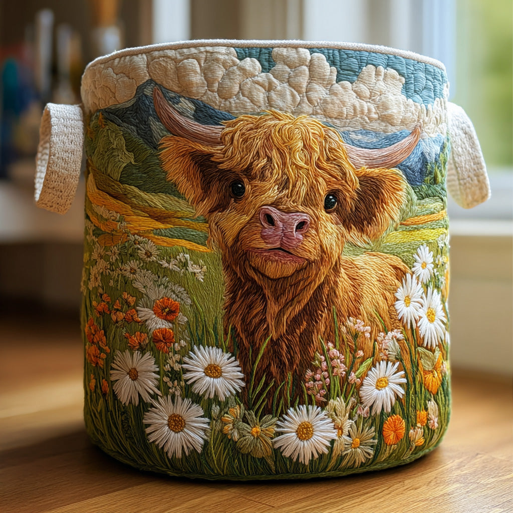Vache Highland Fleurie | Panier à Linge Matelassé