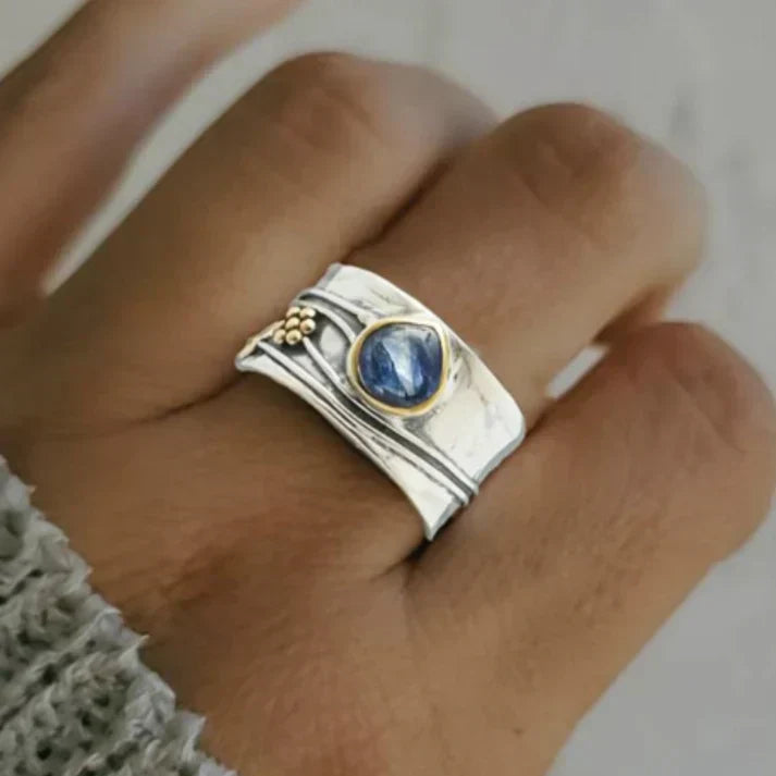 Florine | Bague Vintage Pierre Bleue Argentée et Plaqué Or