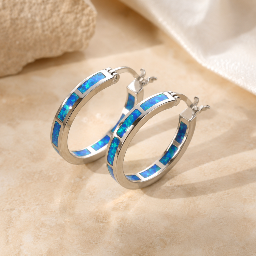 Marianne | Boucles d'Oreilles Rondes Chic en Opale de Feu Bleue