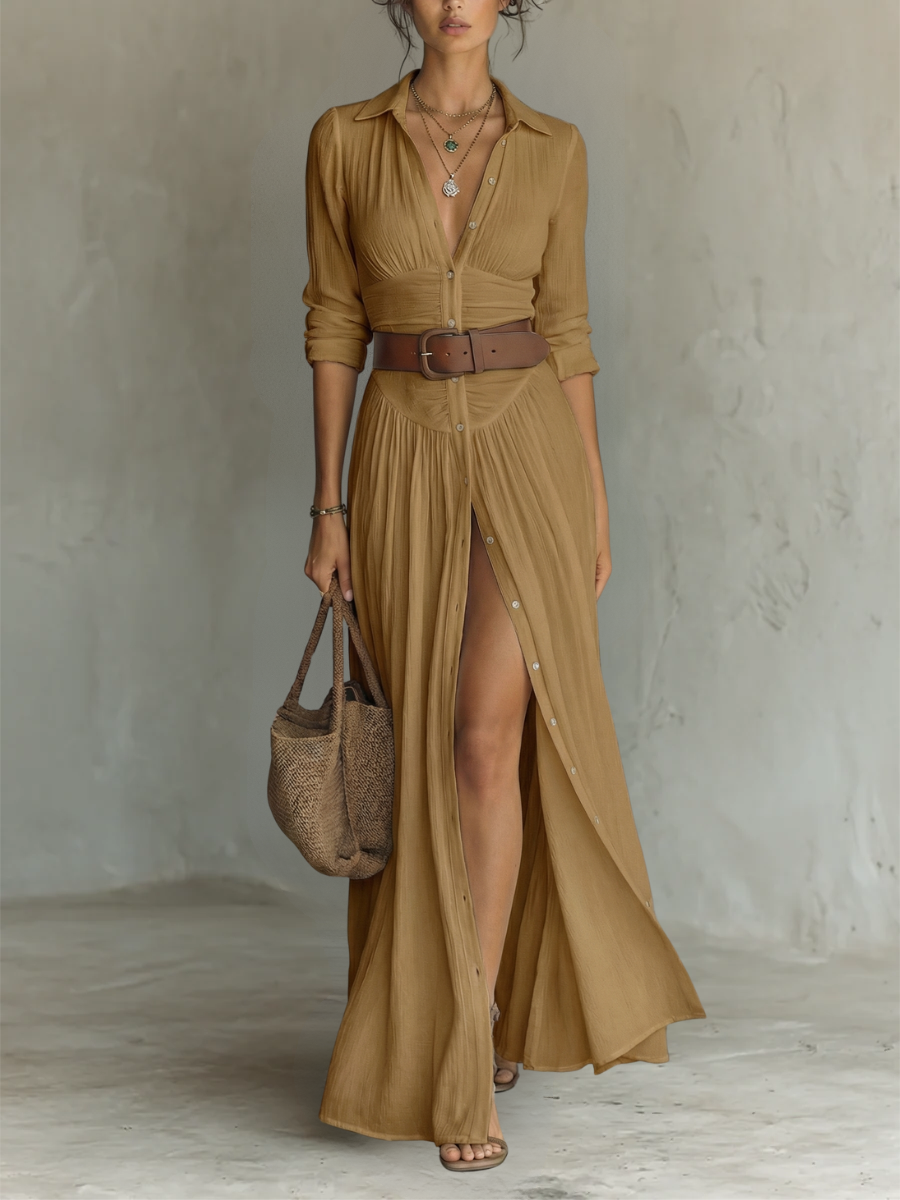 Laurence | Robe Maxi Longue à Col Revers et Manches Longues