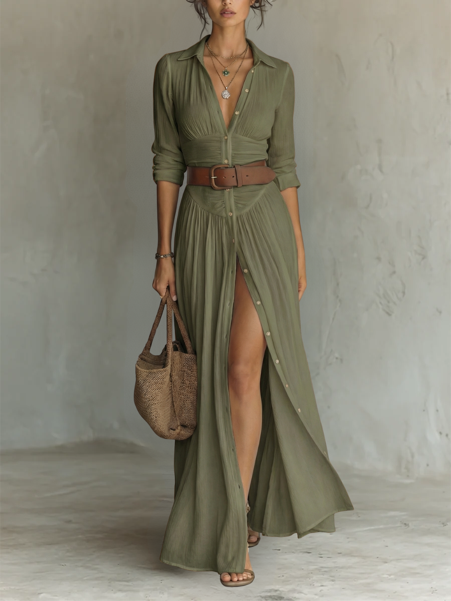 Laurence | Robe Maxi Longue à Col Revers et Manches Longues
