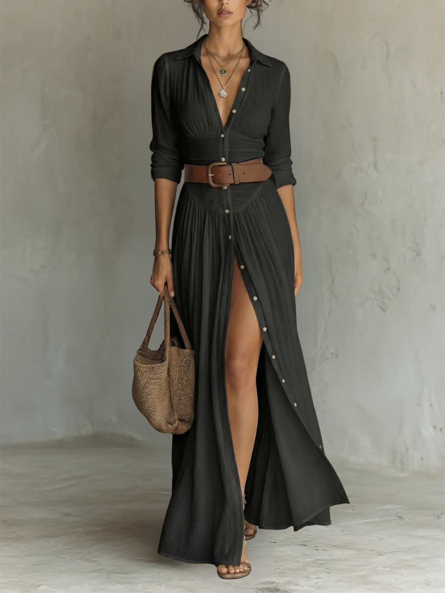 Laurence | Robe Maxi Longue à Col Revers et Manches Longues