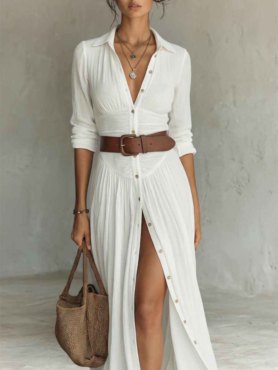 Laurence | Robe Maxi Longue à Col Revers et Manches Longues