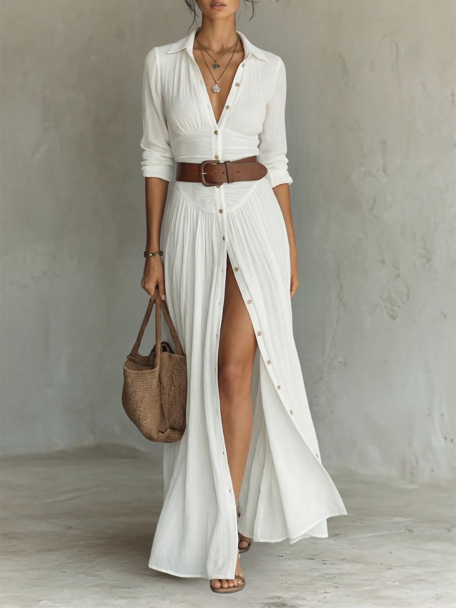 Laurence | Robe Maxi Longue à Col Revers et Manches Longues