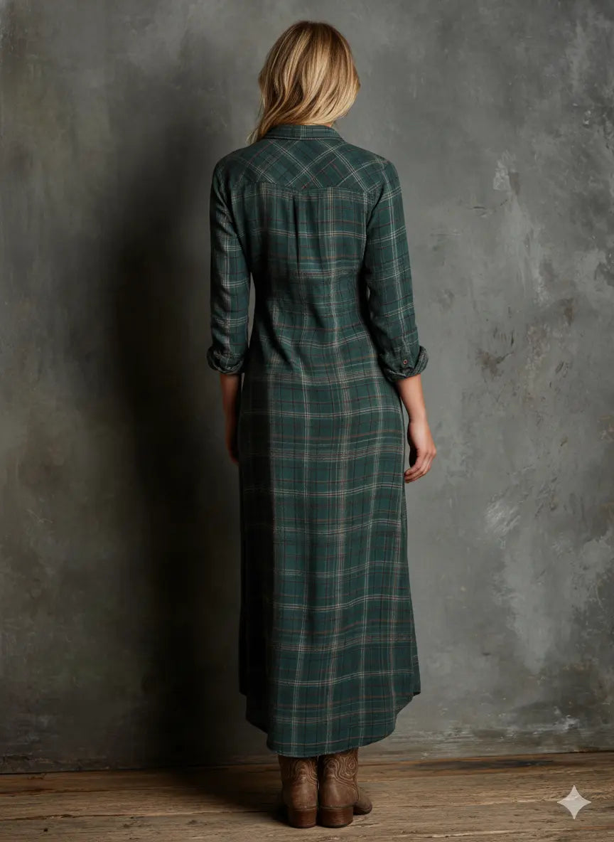 Ysaline | Robe Maxi Chemise à Carreaux à Col Revers