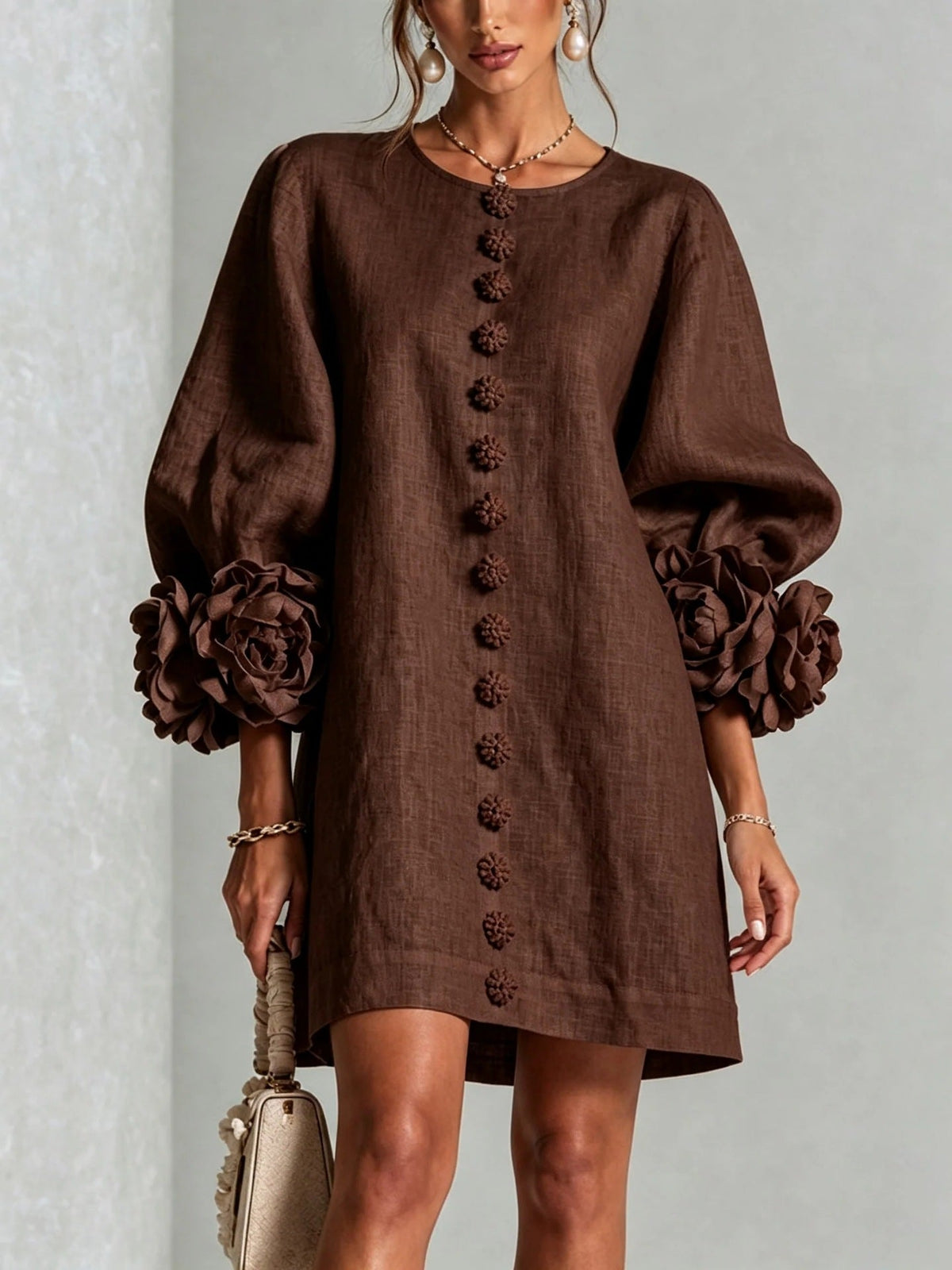 Philippine | Robe Fleurie à Manches Lanterne et Col Rond