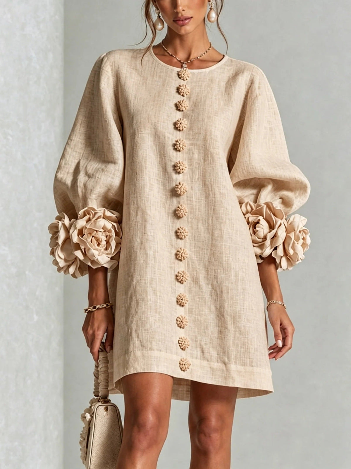 Philippine | Robe Fleurie à Manches Lanterne et Col Rond