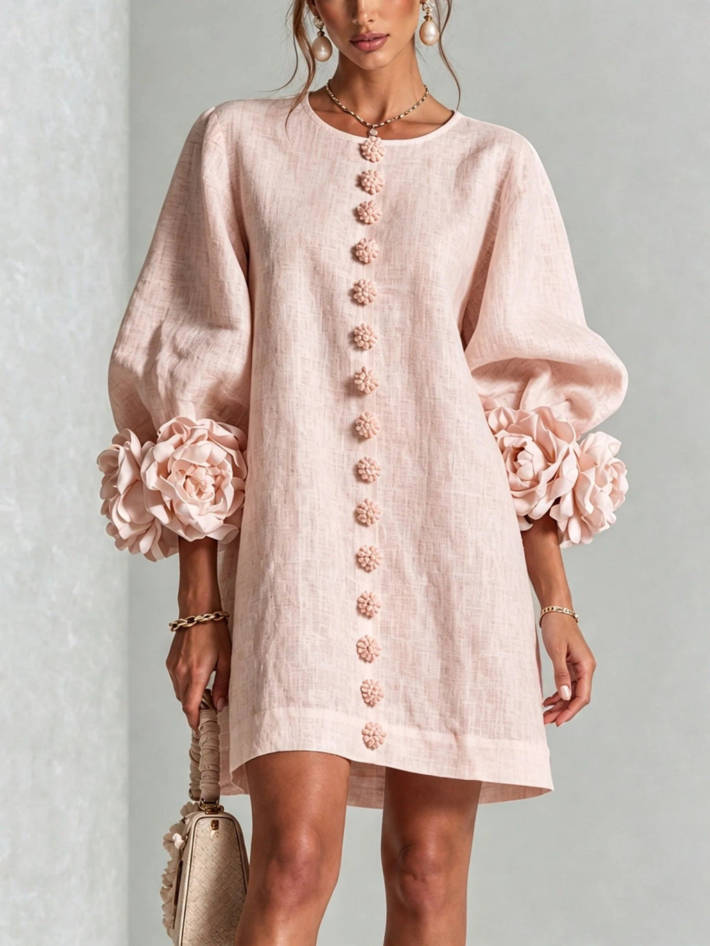 Philippine | Robe Fleurie à Manches Lanterne et Col Rond