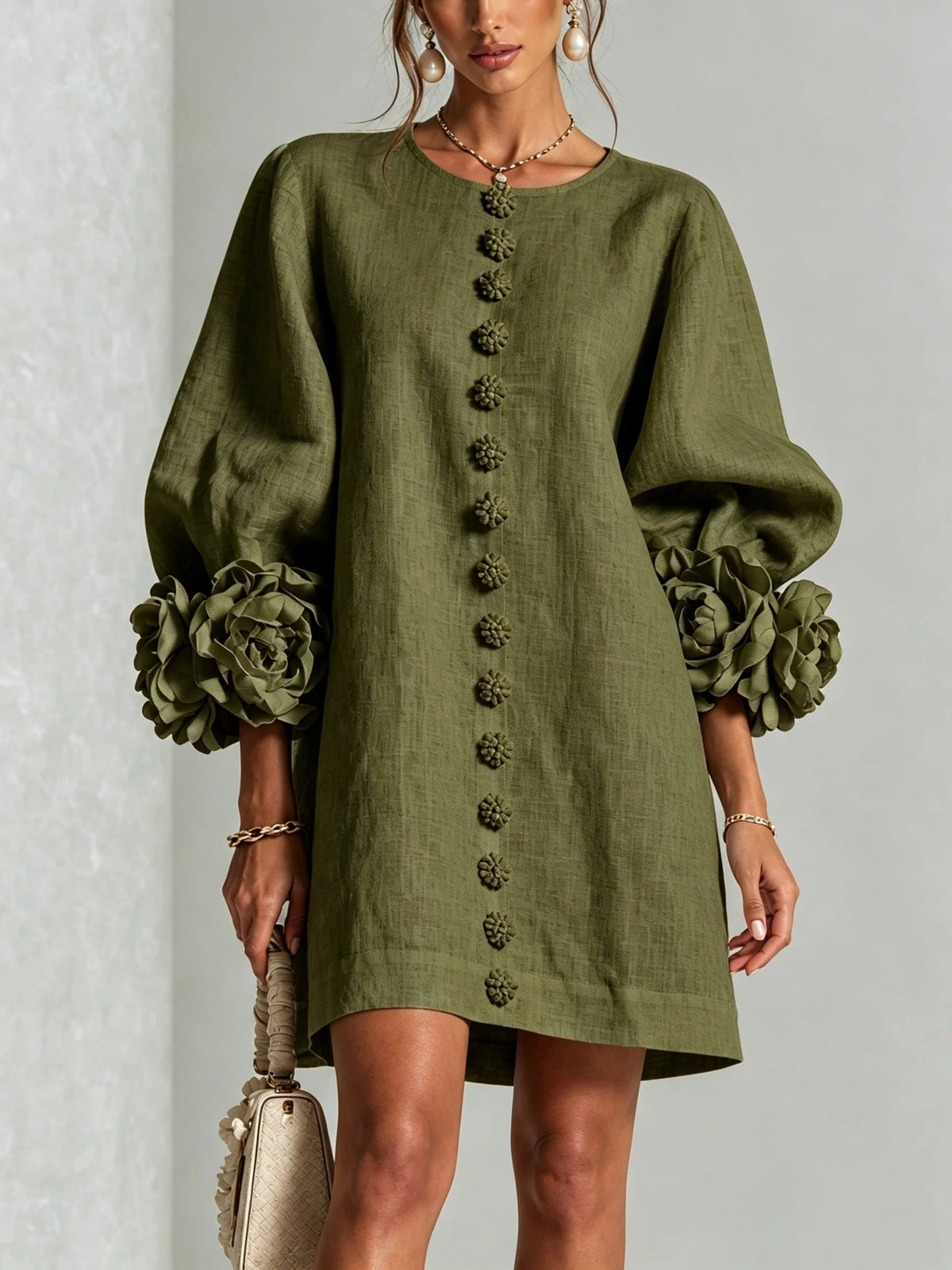 Philippine | Robe Fleurie à Manches Lanterne et Col Rond