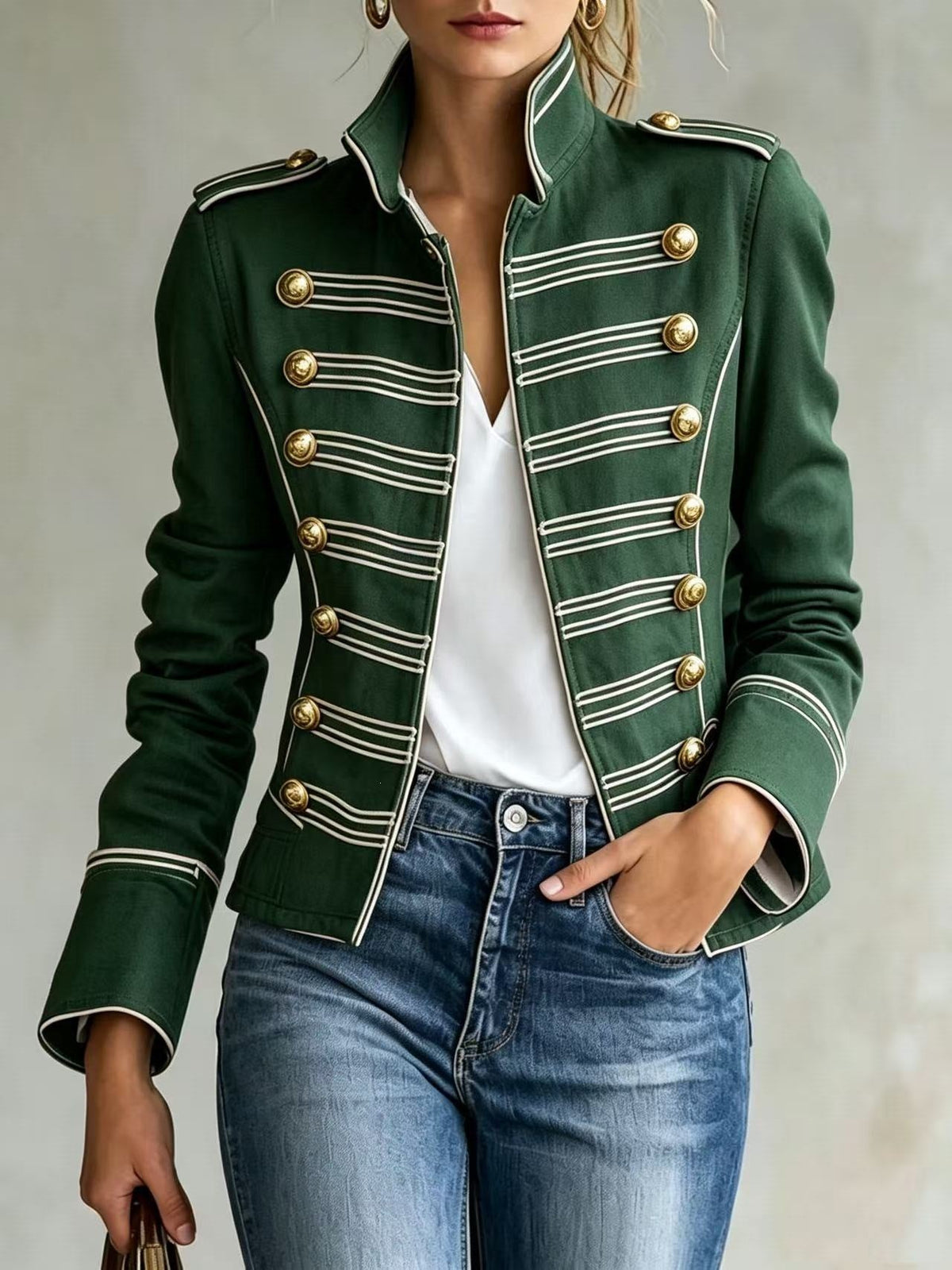 Marion | Veste en Jean d'Inspiration Militaire à Boutons Dorés