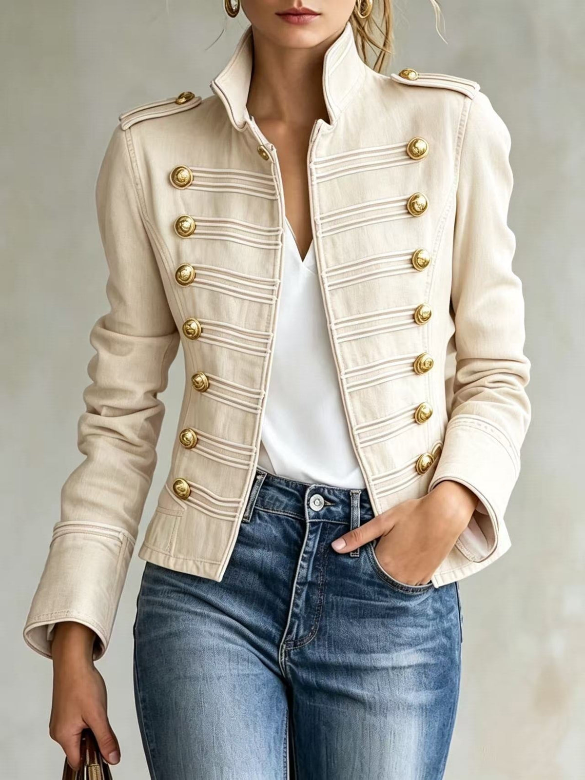 Marion | Veste en Jean d'Inspiration Militaire à Boutons Dorés