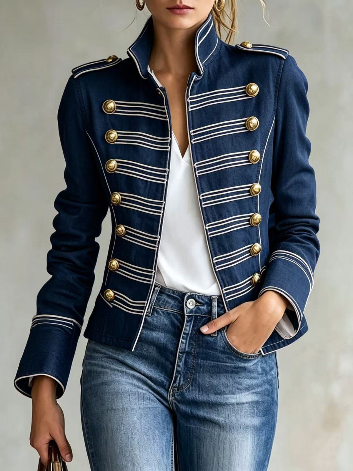 Marion | Veste en Jean d'Inspiration Militaire à Boutons Dorés