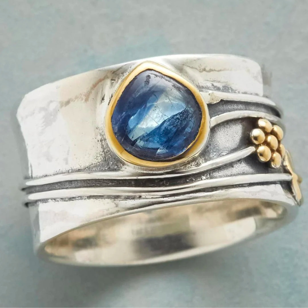 Florine | Bague Vintage Pierre Bleue Argentée et Plaqué Or