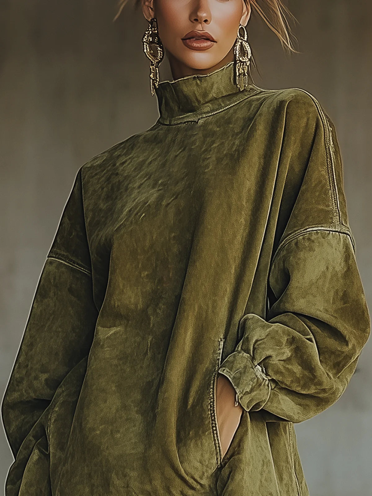 Gabrielle | Robe Effet Daim à Col Montant et Franges
