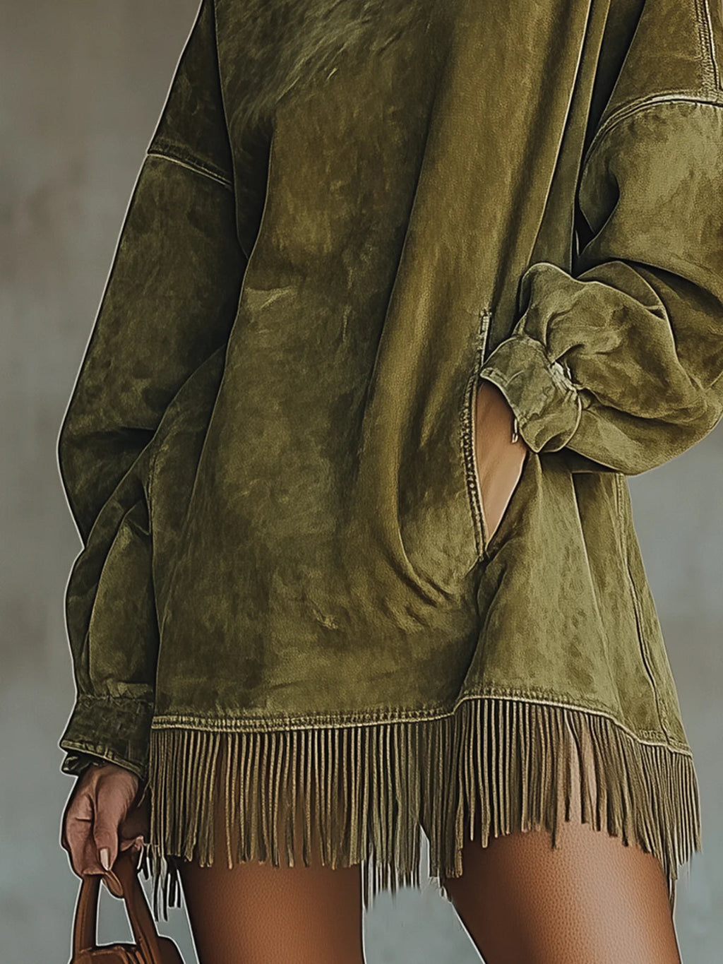 Gabrielle | Robe Effet Daim à Col Montant et Franges