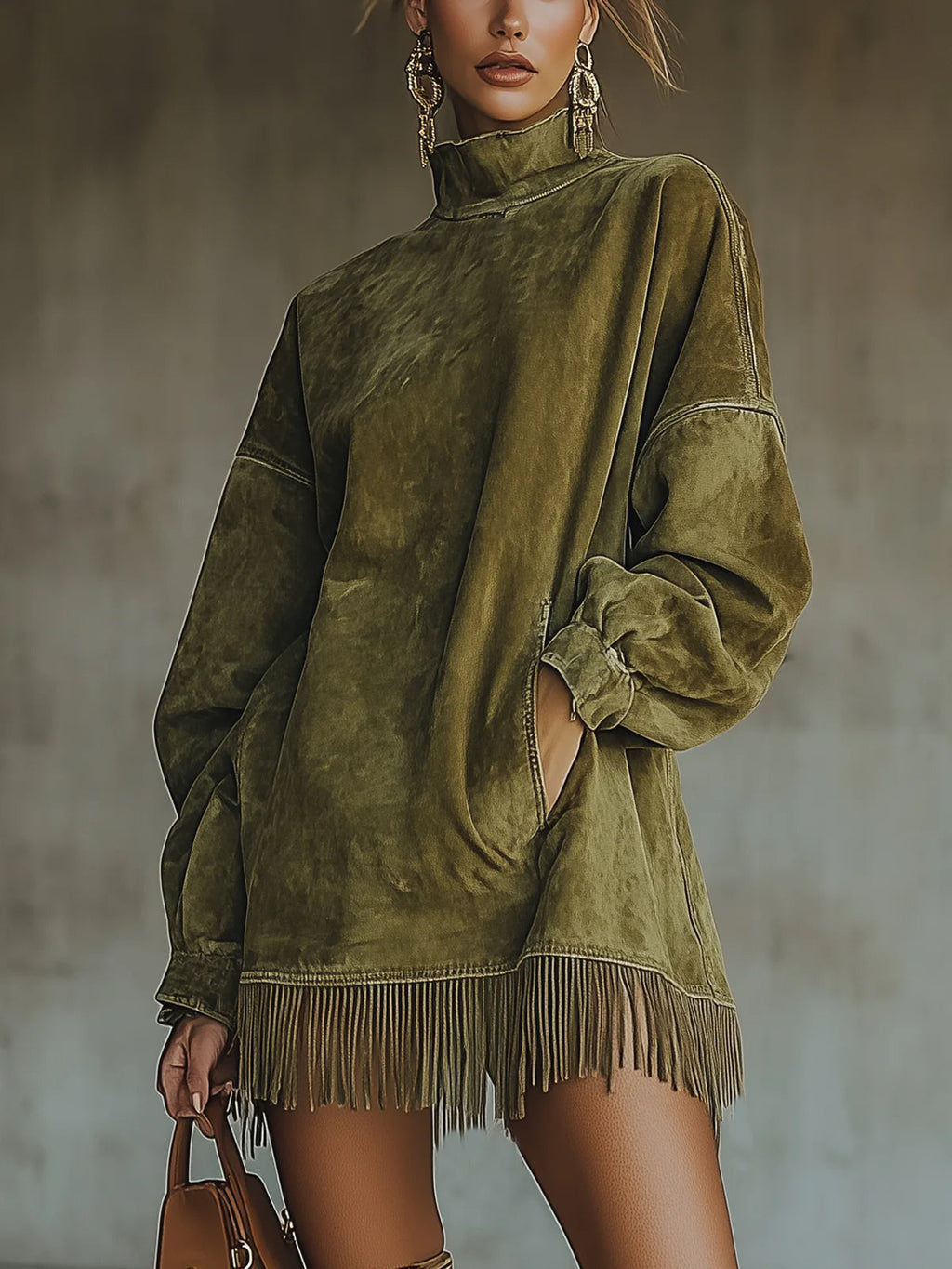 Gabrielle | Robe Effet Daim à Col Montant et Franges