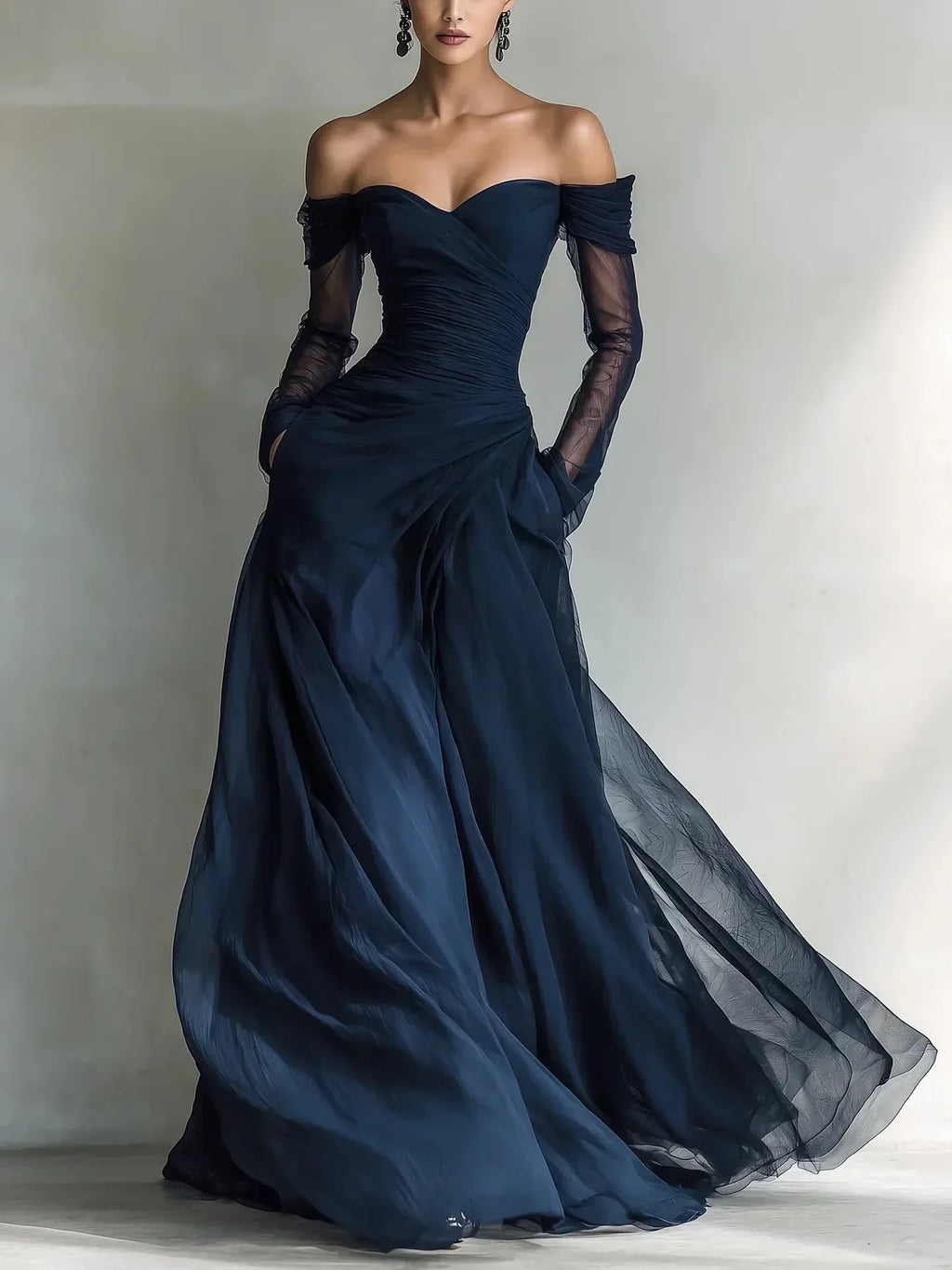 Ophélie | Robe Longue Épaules Dénudées avec Empiècements en Résille