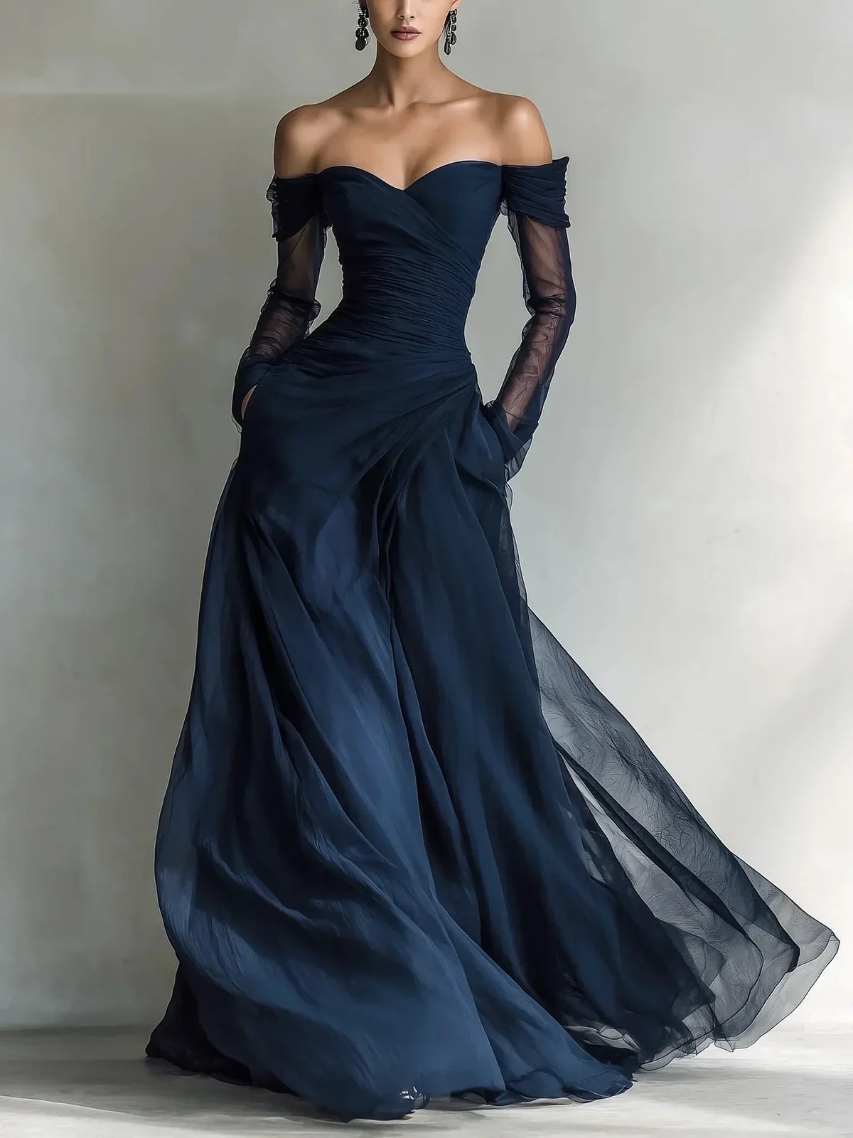 Ophélie | Robe Longue Épaules Dénudées avec Empiècements en Résille