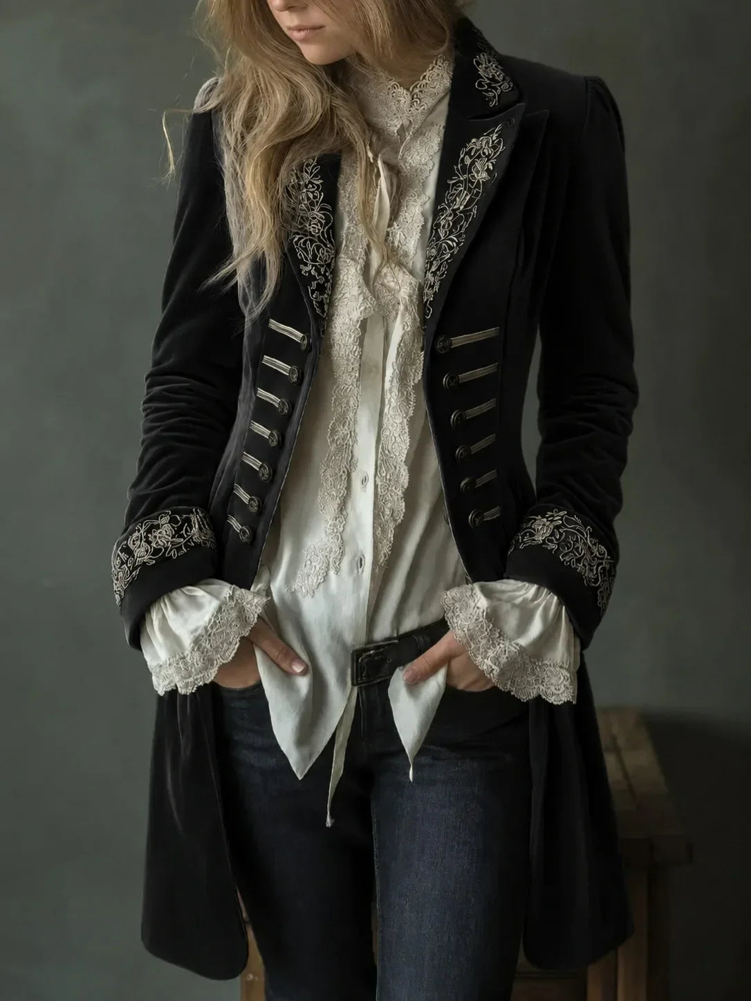 Philomène | Veste Longue en Velours Brodé