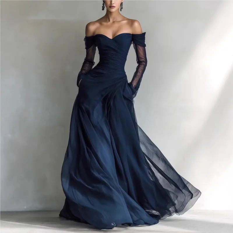 Ophélie | Robe Longue Épaules Dénudées avec Empiècements en Résille