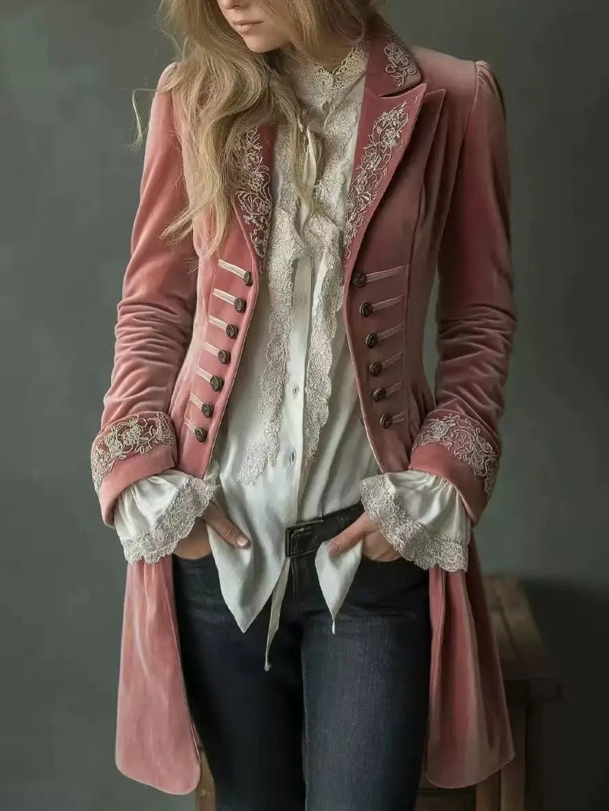 Philomène | Veste Longue en Velours Brodé