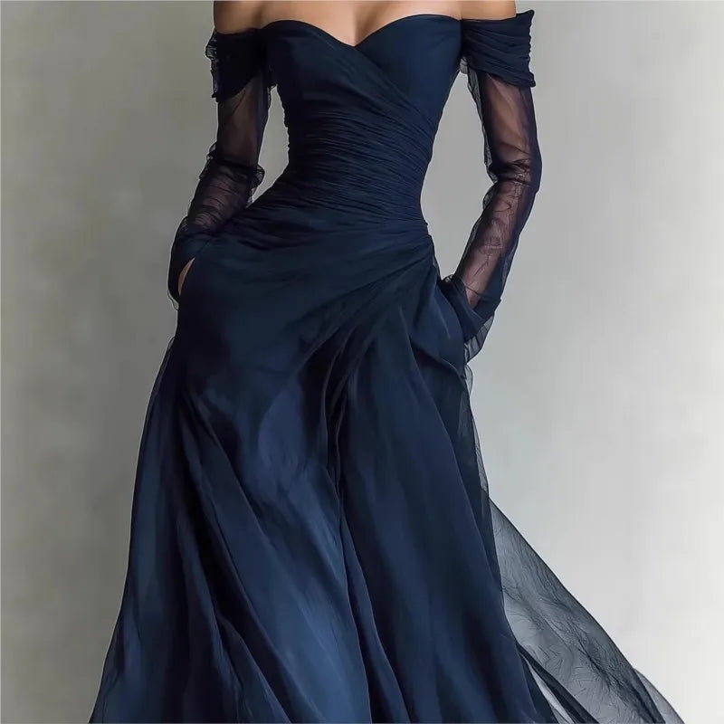 Ophélie | Robe Longue Épaules Dénudées avec Empiècements en Résille