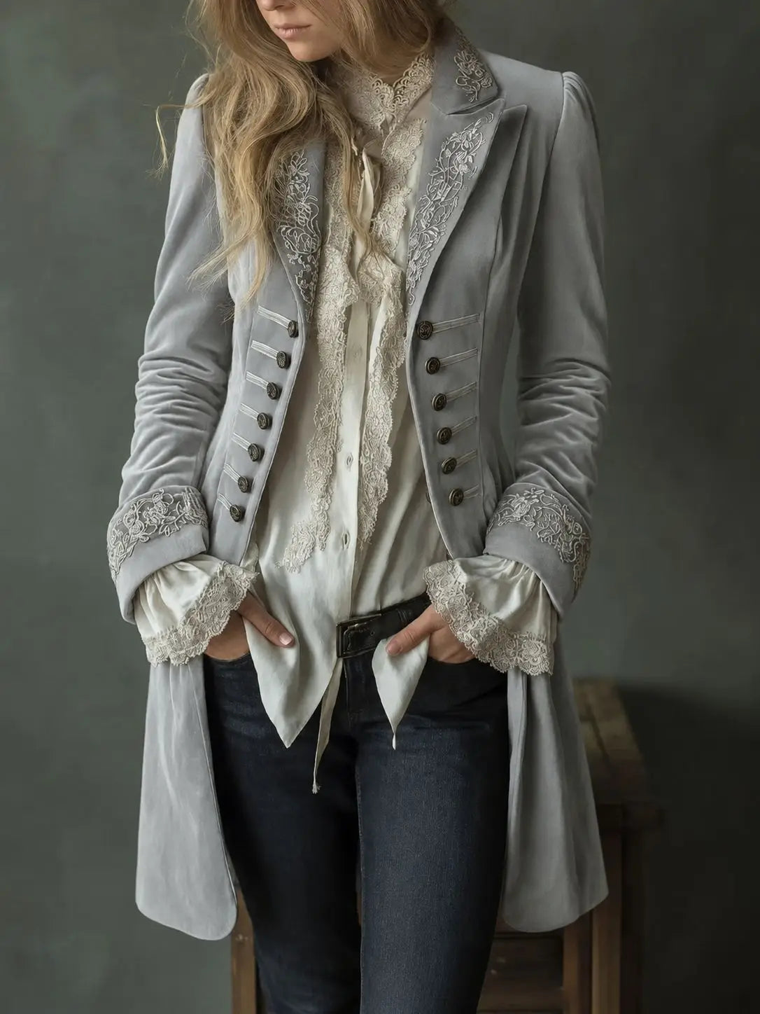 Philomène | Veste Longue en Velours Brodé