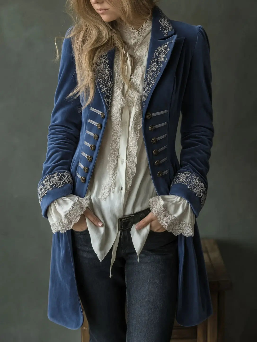 Philomène | Veste Longue en Velours Brodé