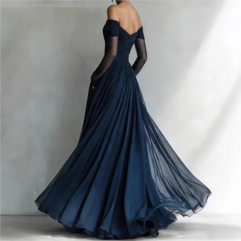 Ophélie | Robe Longue Épaules Dénudées avec Empiècements en Résille