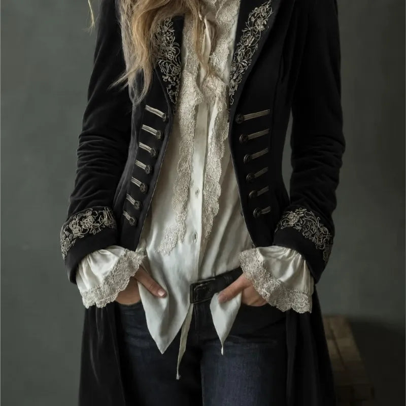 Philomène | Veste Longue en Velours Brodé