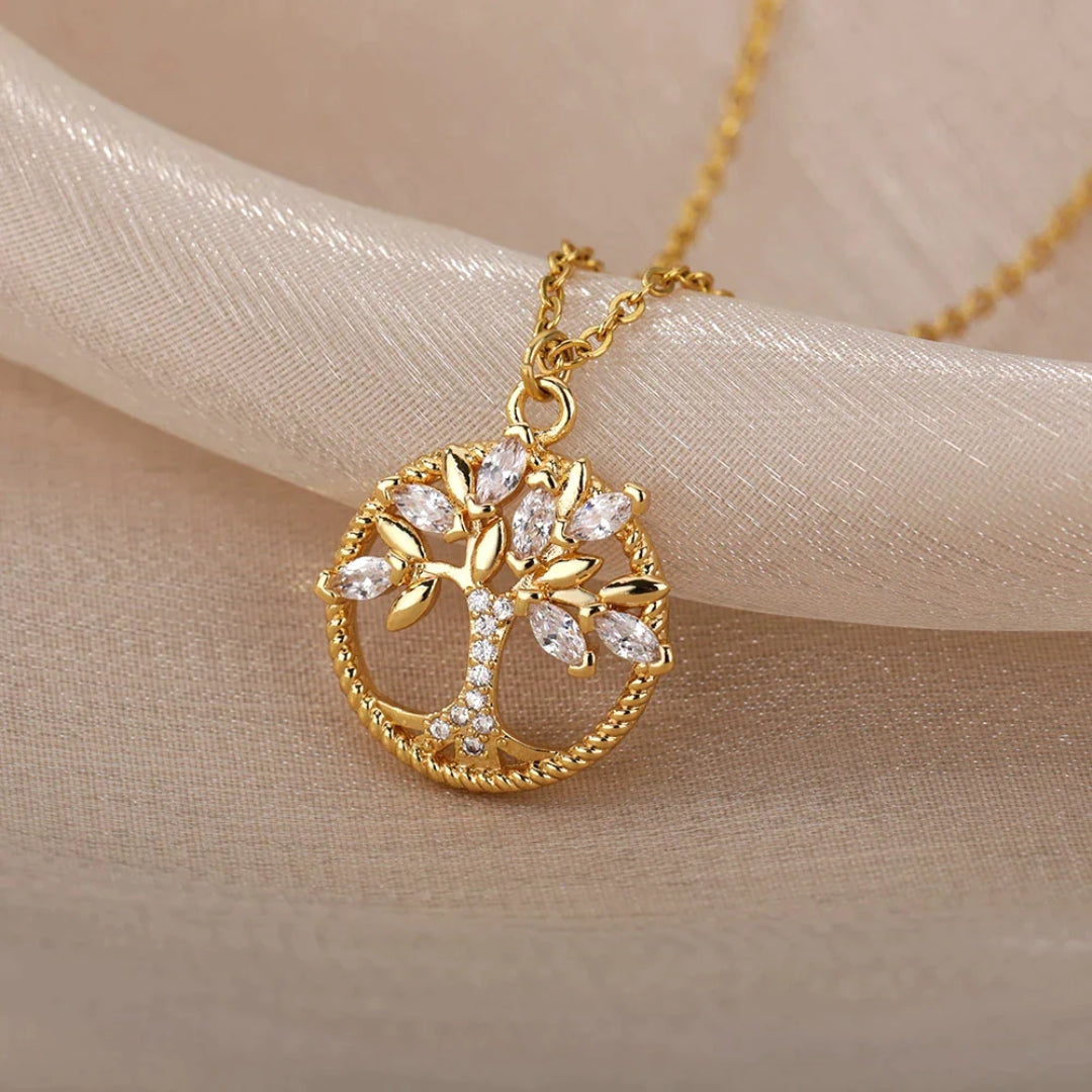 Jade | Collier Pendentif Arbre de Vie Doré à Cristaux